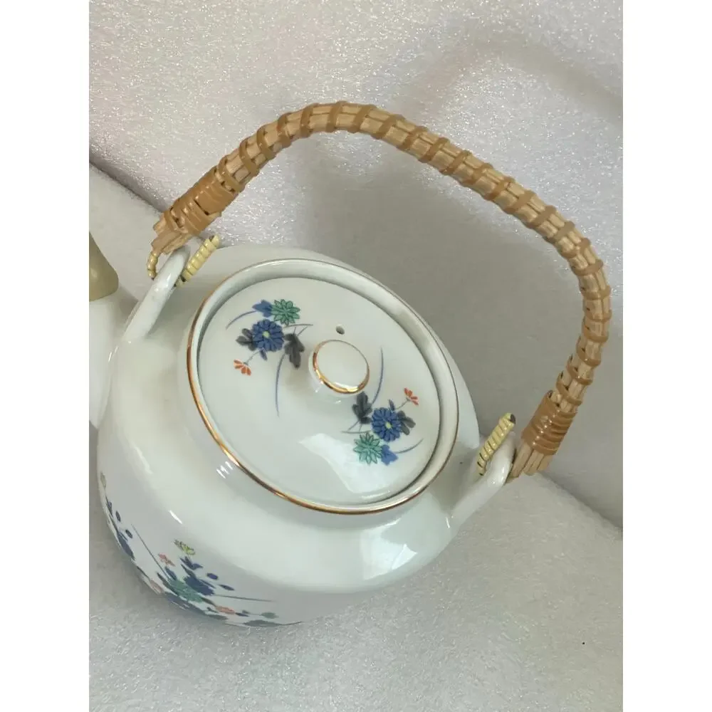 Vintage Japan Teapot with Bamboo Handle and 5 Tea Cups Blue Flowers